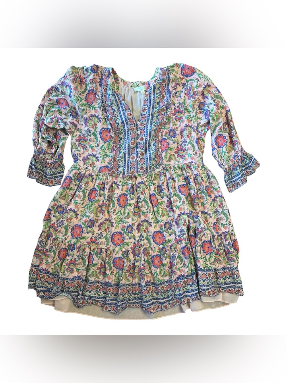 Farmers Market Pink Floral Boho Tiered Mini Dress Size M Cottagecore Festival - Picture 2 of 10